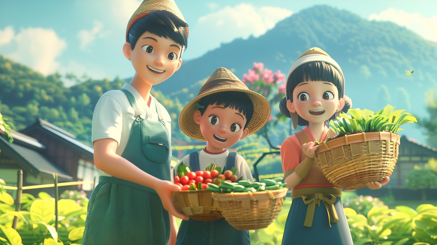 笑顔の家族や農家さんが収穫物を手にしているイメージ