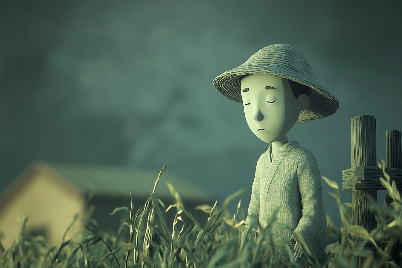 畑仕事とモヤモヤした心情を表すイラスト